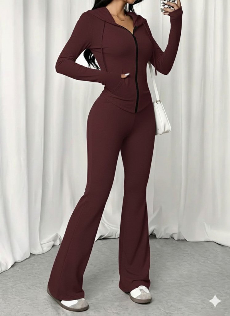 Kadın Uzun Kollu Kapşonlu Bağcıklı önü Fermuarlı Viskon Iki Iplik Bluz Ve Pantolon Ikili Takım - Görsel 10