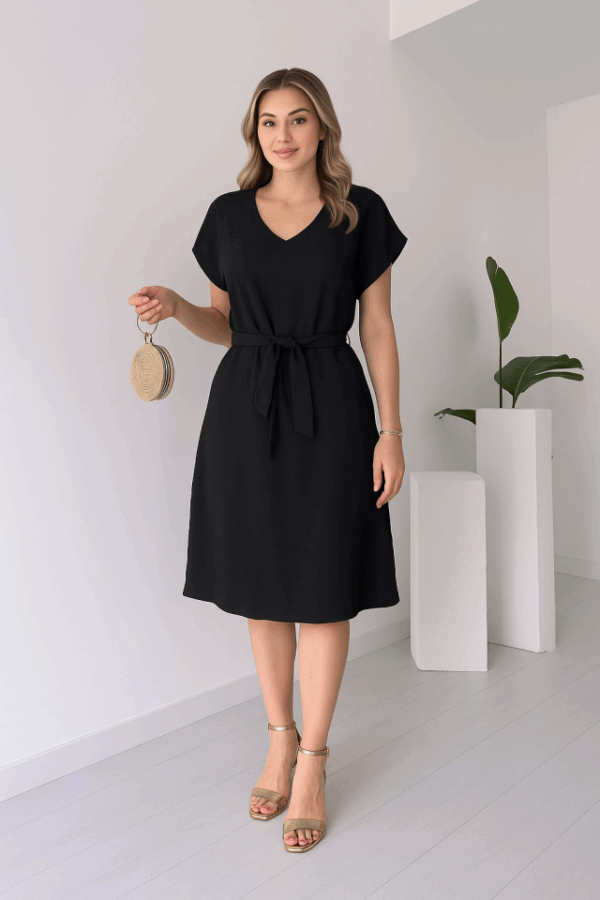 Kadın Kısa Kollu V Yakalı Beli Kuşaklı Ithal Keten Elbise
