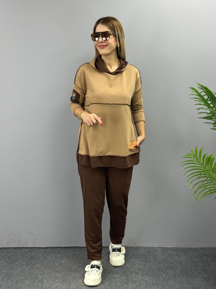 Kadın Yeşil Kapşonlu Etek Ucu Detay Arma Ters Dikiş Gorunumlu Ikili Takım - Görsel 11