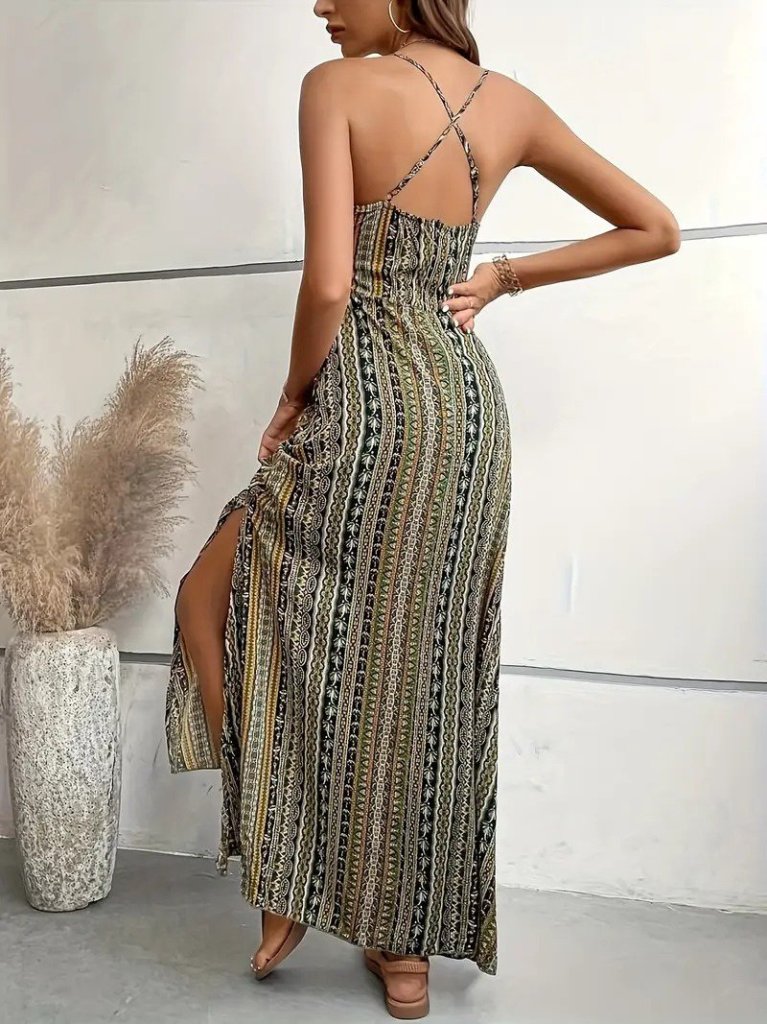 Kadın Ip Askılı Sırttan çapraz Detaylı Yırtmaçlı Desenli Süprem Elbise - Görsel 4