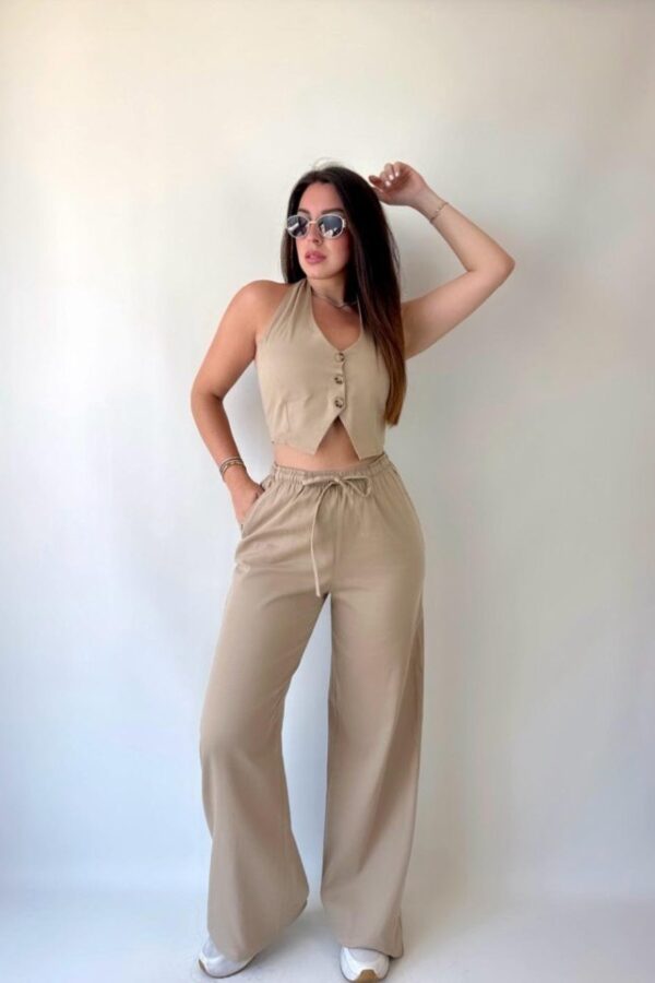 Kadın Gabardin Kumaş Boyundan Bağlamalı Yelek Bluz Salaş Pantolon İkili Takım