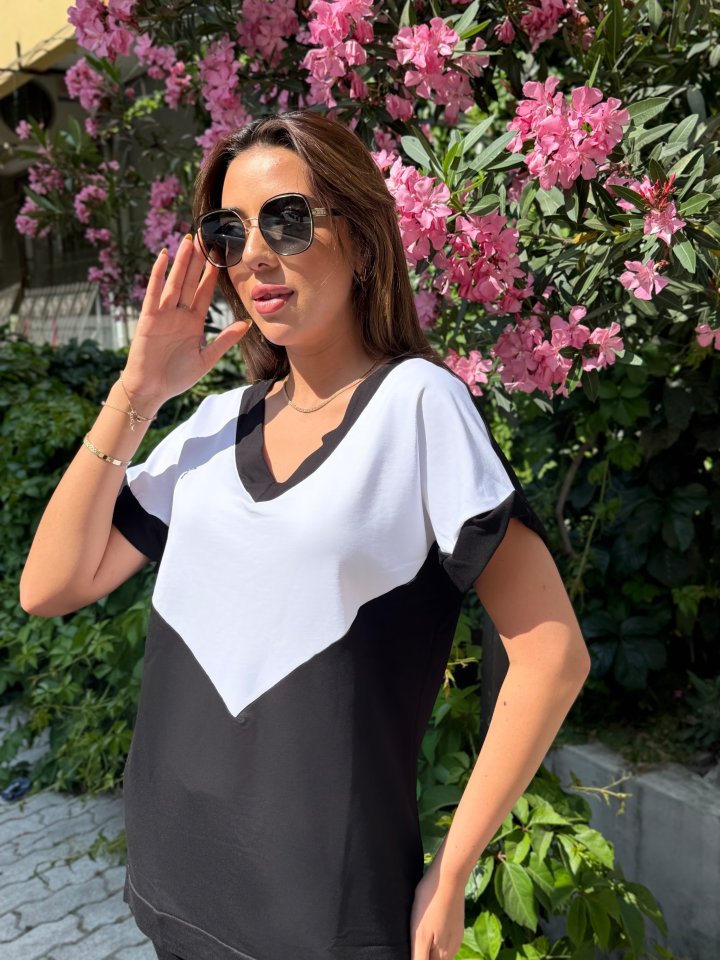 Kadın Kısa Kollu V Yaka Siyah Beyaz Renkli Viskon Iki Iplik Kumaş Eşofman Takımı - Görsel 4