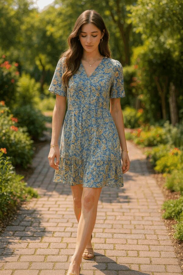 Yeşil Desenli Saten Elbise