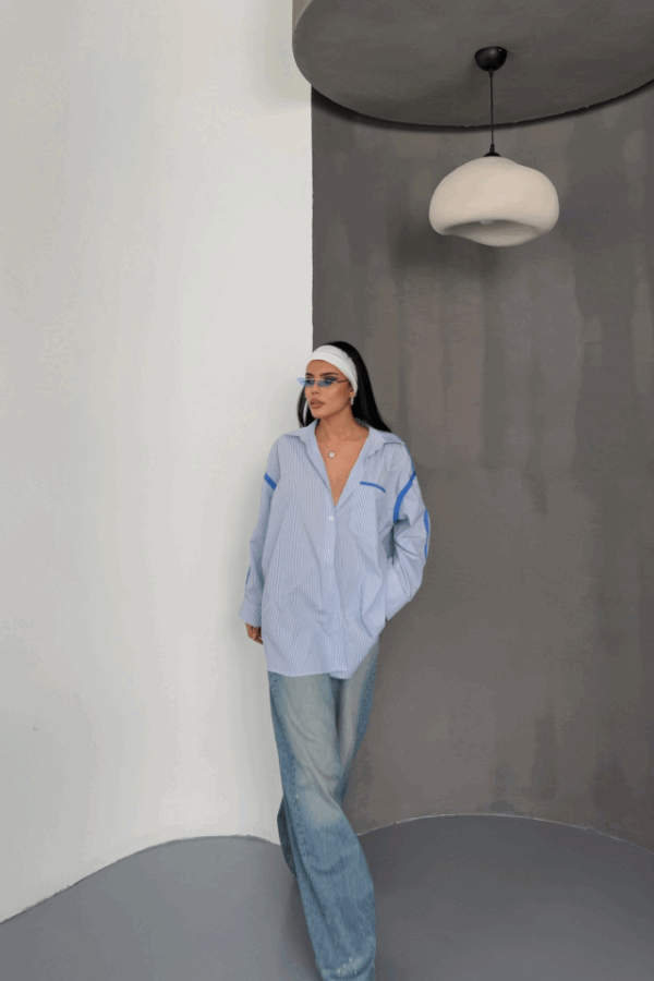 ÇİZGİLİ POLİN GÖMLEK BİYE ŞERİT DETAYLI - Mavi