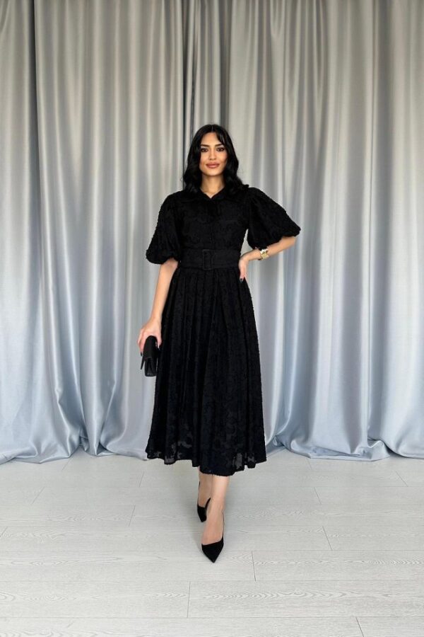 Ekru Kemerli Balon Kollu Elbise