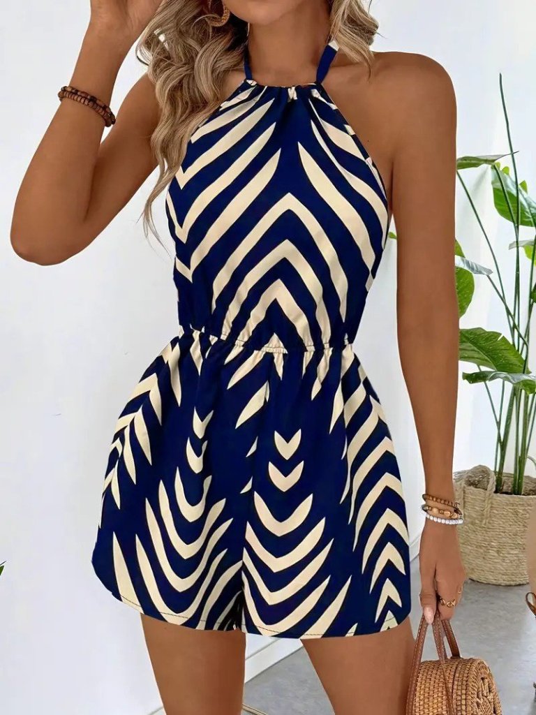 Kadın Boyundan Askılı Halter Yakalı Desenli Süprem Tulum - Görsel 8