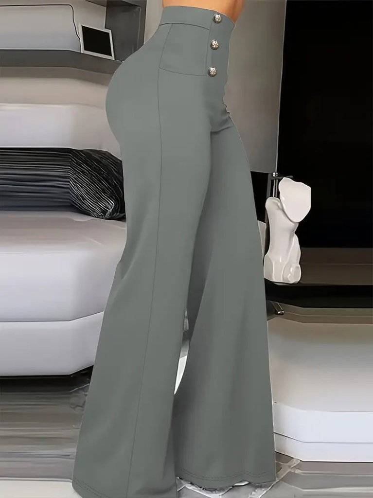 Kadın Yüksek Bel önden Düğmeli Uzun Paçaya Doğru Geniş Ithal Krep Pantolon - Görsel 2