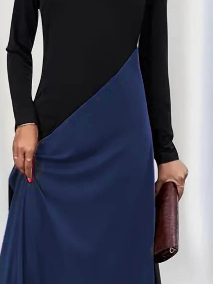 Kadın Uzun Kollu V Yakalı Blok Desenli Viskon Elbise - Görsel 6