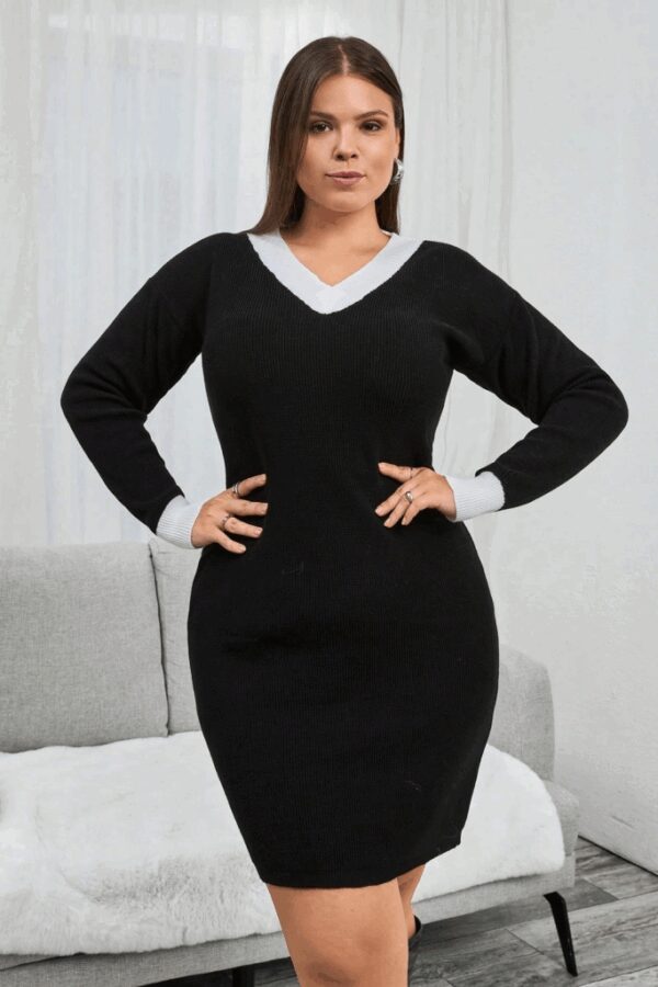Kadın Uzun Kollu V Yakalı Kısa Triko Elbise