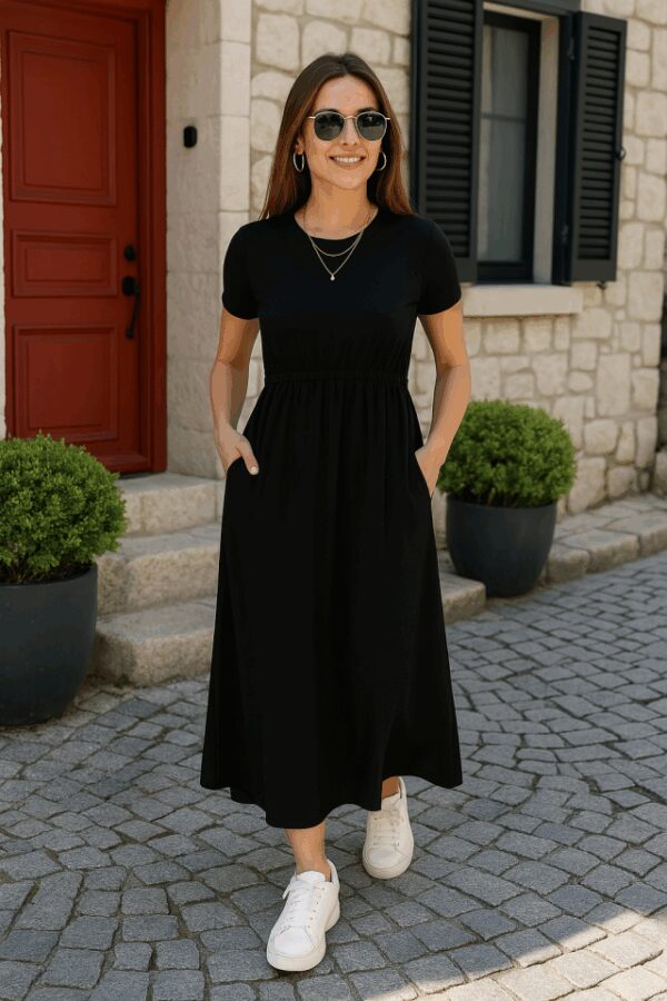 Kadın Kısa Kollu Bisiklet Yaka Belden Bağlamalı önü Bağcık Detaylı Maksi Boy Viskon Elbise