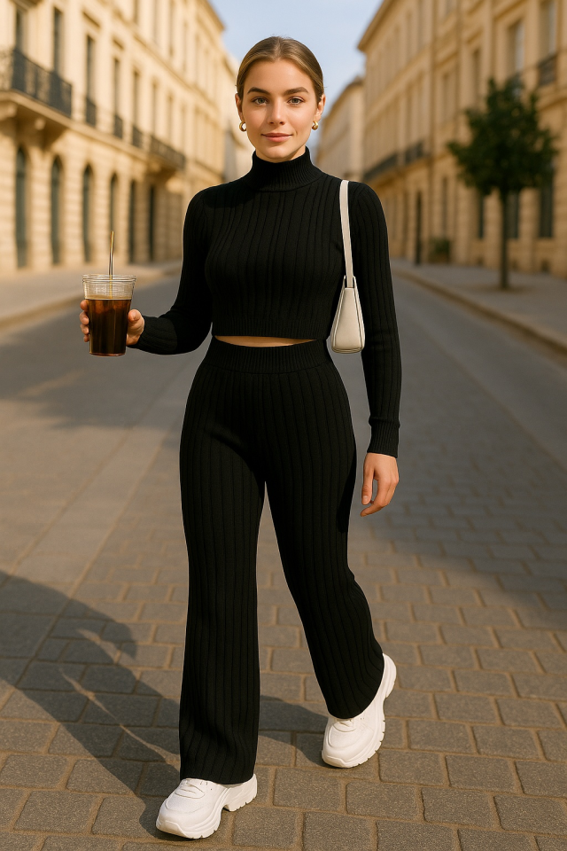 Kadın Uzun Kollu Balıkçı Yaka Krop Ve Pantolon şardonlu Kaşkorse Ikili Takım - Görsel 3