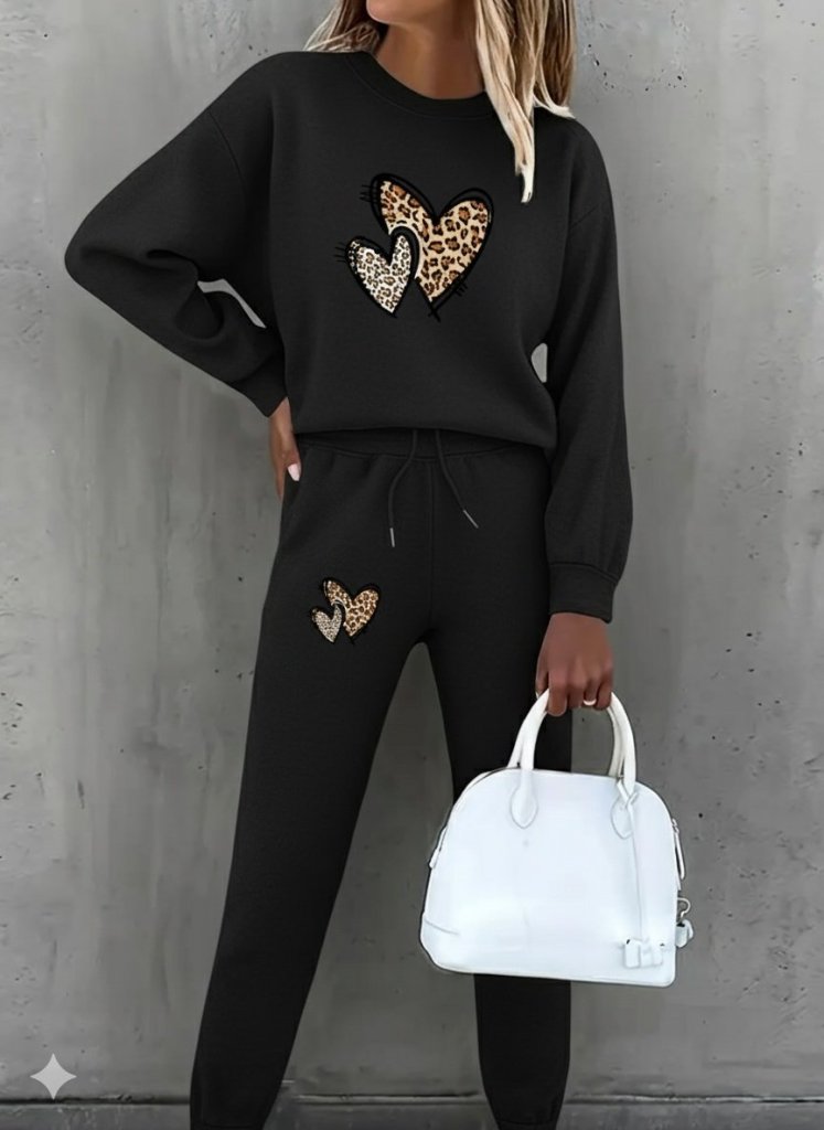 Kadın Uzun Kollu Bisiklet Yaka Kalp Desenli şardonlu üç Iplik Bluz Ve Pantolon Ikili Takım - Görsel 6