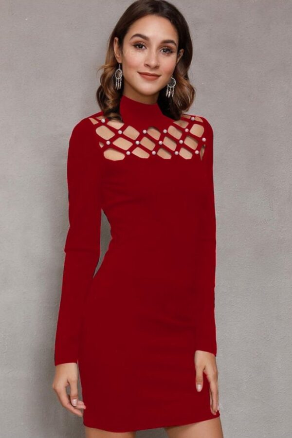 Kadın Uzun Kollu Bisiklet Yaka Lazer Kesim Inci Detay Viskon Iki Iplik Mini Boy Elbise