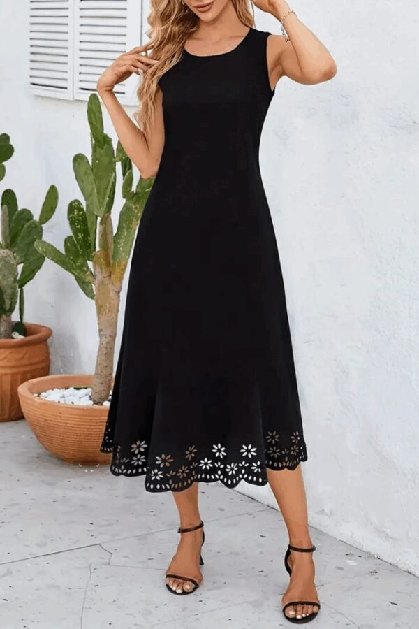 Kadın Kolsuz Etek Ucu Lazer Kesim çiçek Desenli Midi Boy Ithal Krep Elbise