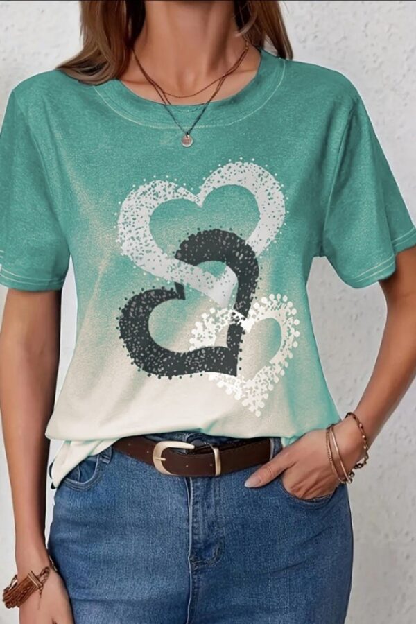 Kadın Kısa Kollu Bisiklet Yaka Kalp Baskılı Süprem Bluz