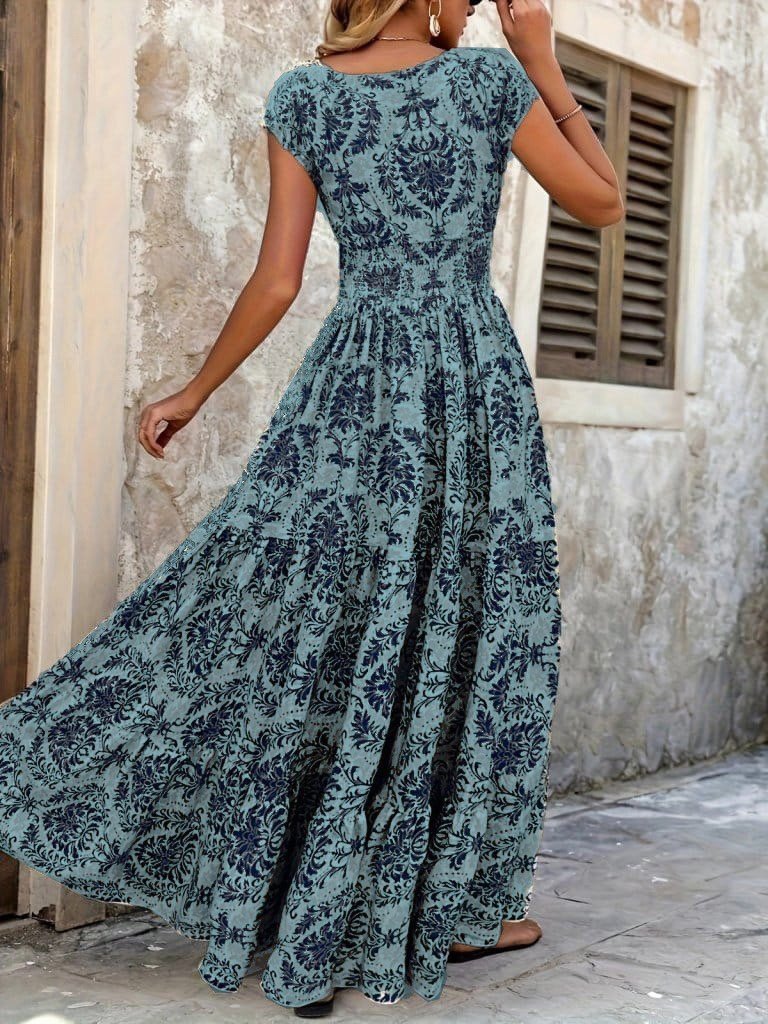 Kadın Kısa Kollu Kruvaze Yaka Beli Lastikli Süprem Maksi Boy Elbise - Görsel 31