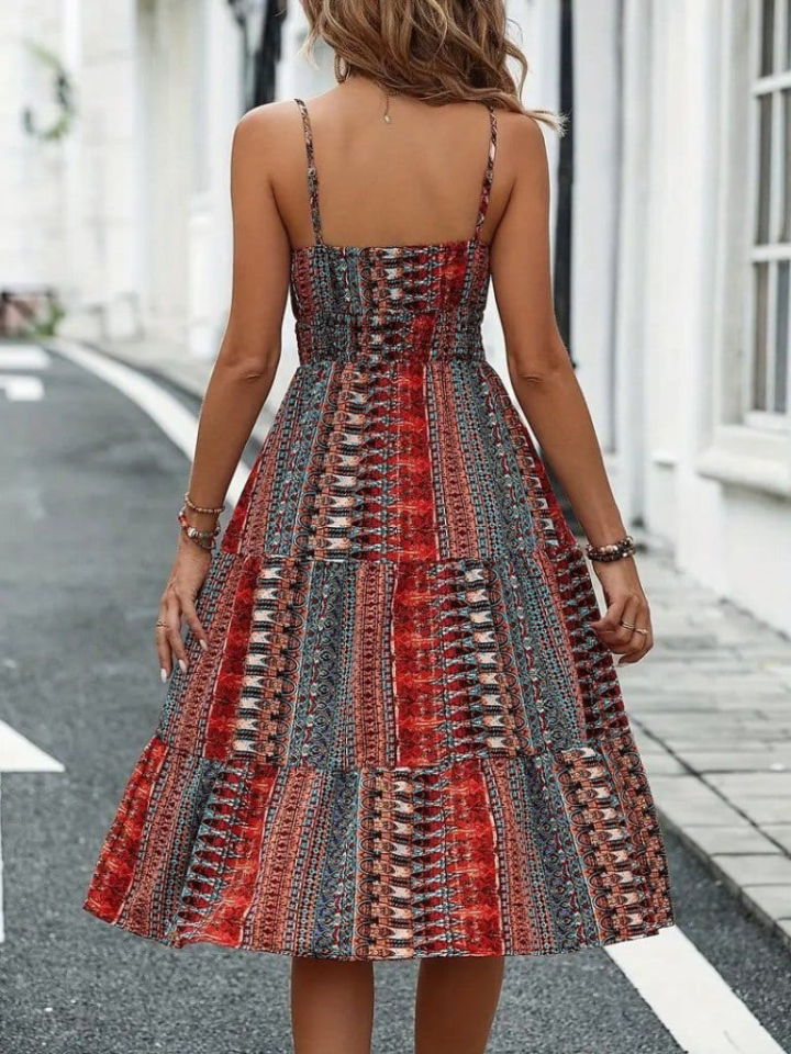 Kadın Ip Askılı V Yakalı Bağcıklı Beli Lastikli Desenli Süprem Elbise - Görsel 3