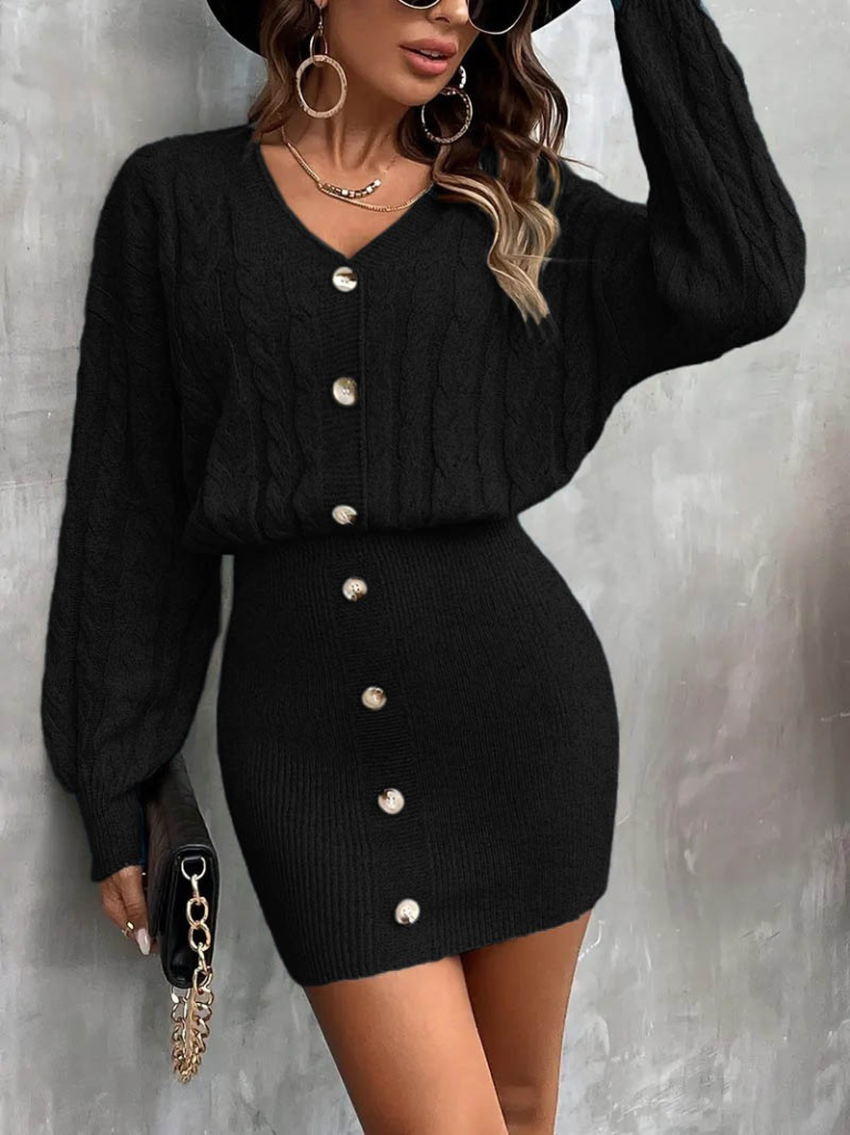 Kadın Uzun Kollu V Yakalı önden Düğmeli Kısa Triko Elbise - Görsel 3