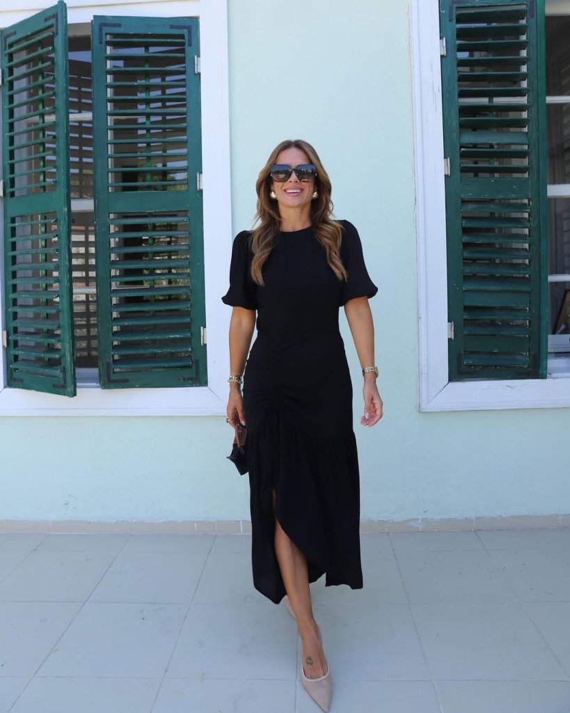 Kadın Kısa Kollu Bisiklet Yakalı Yandan Yırtmaçlı Büzgülü Janjan Krep Elbise - Görsel 3