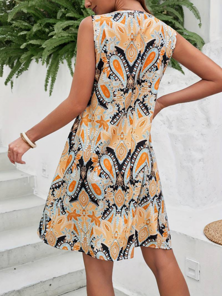 Kadın Sıfır Kol Yuvarlak Yaka çiçek Desenli Süprem Elbise - Görsel 7