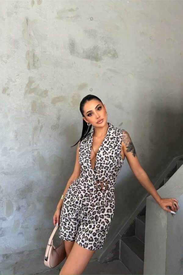 LEOPAR ŞORT TULUM CEKET YAKA TOKA DETAYLI - Leopar