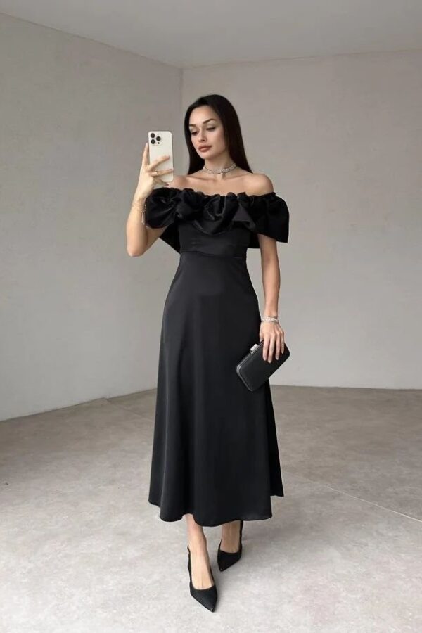 Bordo Omuz Büzgülü Saten Elbise