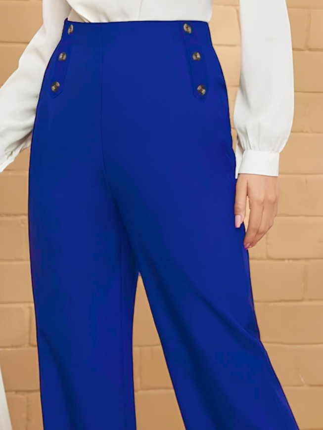 Kadın Düğme Detay Bol Paça Ithal Krep Pantolon - Görsel 2