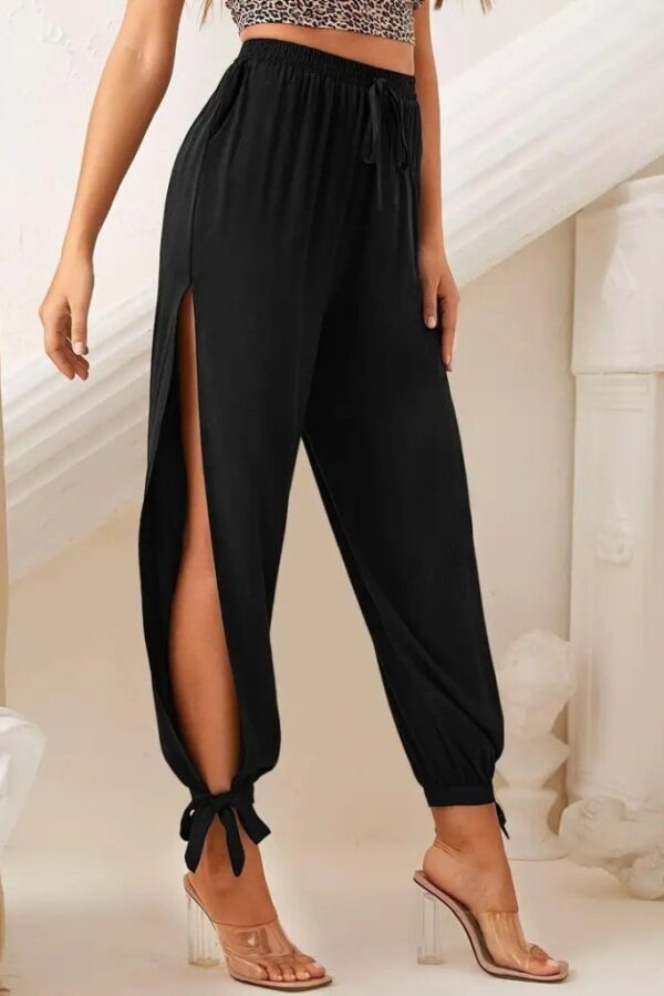 Kadın Beli Lastikli Bağcıklı Yanları Yırtmaç Detaylı Bilekten Bağcıklı Viskon Pantolon