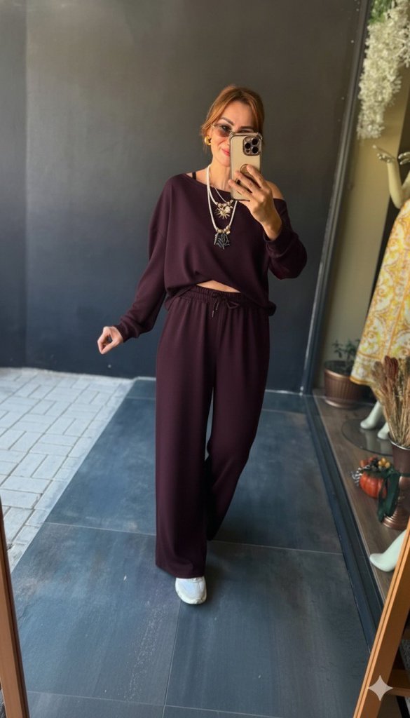 Kadın Uzun Kollu Tek Omuzdan Açık Viskon Iki Iplik Bluz Ve Pantolon Ikili Takım - Görsel 7