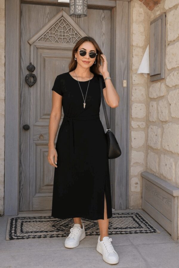 Kadın Kısa Kollu Yuvarlak Yaka Belden Bağcıklı önden Yırtmaçlı Aerobin Elbise