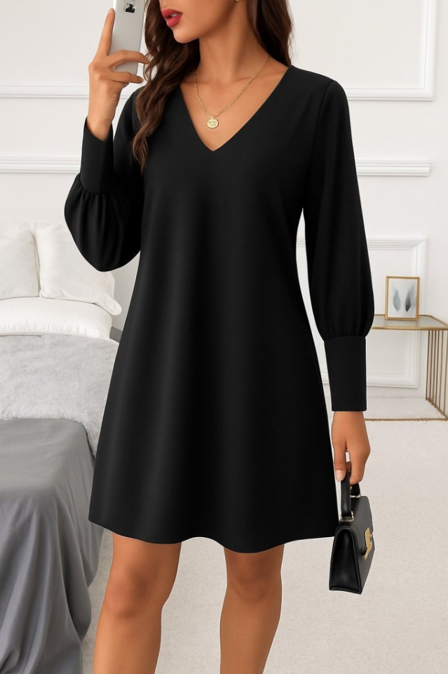 Kadın Uzun Kollu V Yakalı Kısa Ithal Krep Elbise - Görsel 12