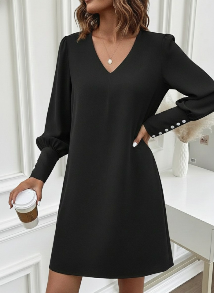 Kadın Uzun Kollu V Yakalı Kısa Ithal Krep Elbise - Görsel 13