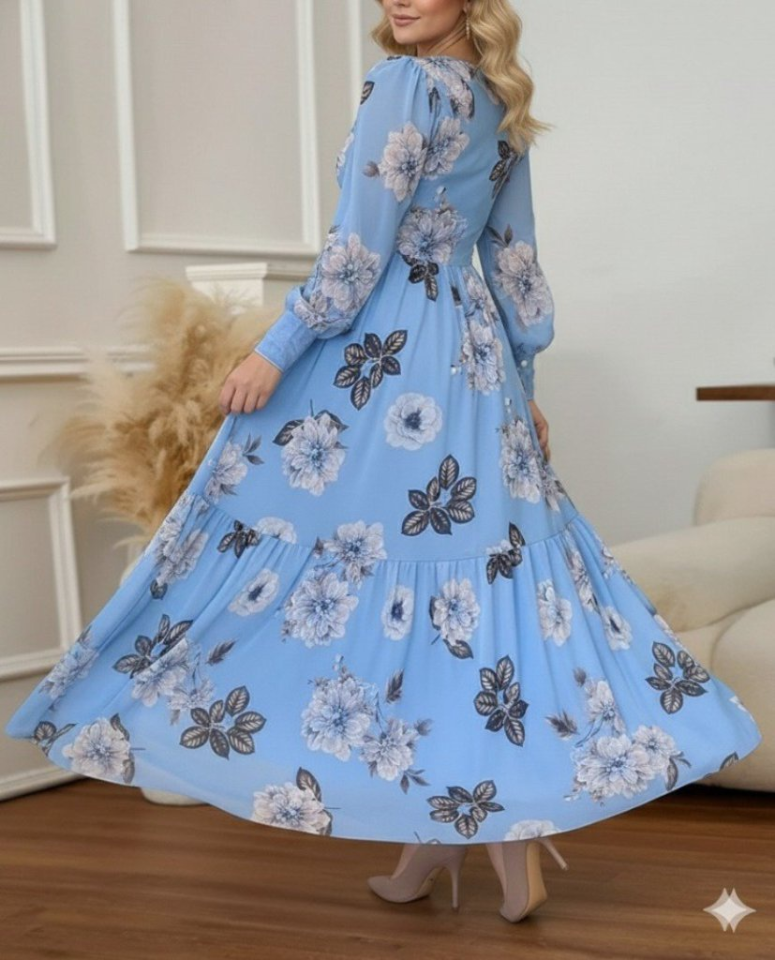 Kadın Uzun Kollu V Yakalı çiçek Desenli Maxi Süprem Elbise - Görsel 2