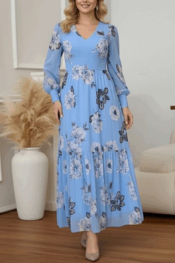 Kadın Uzun Kollu V Yakalı çiçek Desenli Maxi Süprem Elbise