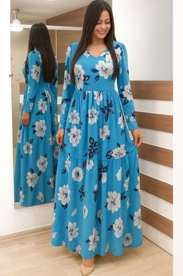 Kadın Uzun Kollu V Yakalı çiçek Desenli Maxi Süprem Elbise - Görsel 15