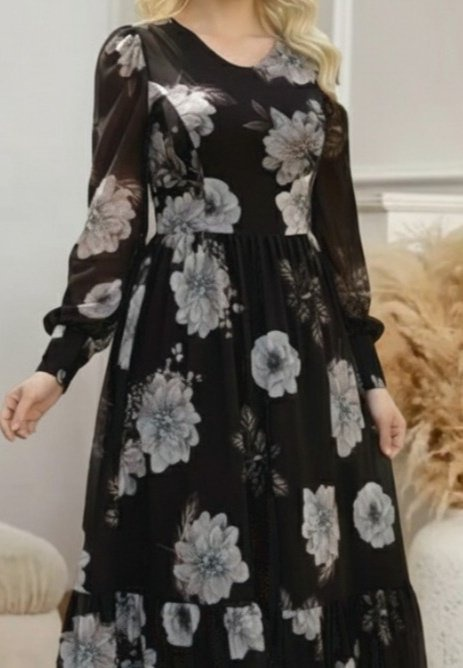 Kadın Uzun Kollu V Yakalı çiçek Desenli Maxi Süprem Elbise - Görsel 9