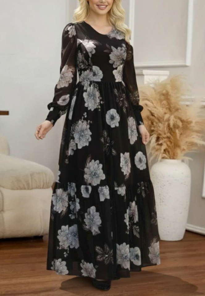 Kadın Uzun Kollu V Yakalı çiçek Desenli Maxi Süprem Elbise - Görsel 10