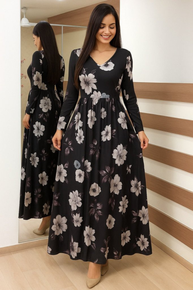 Kadın Uzun Kollu V Yakalı çiçek Desenli Maxi Süprem Elbise - Görsel 16