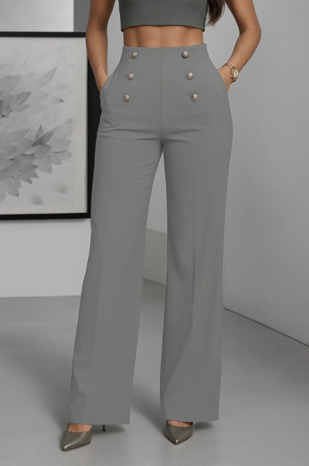 Kadın Yüksek Bel önden Düğmeli Uzun Paçaya Doğru Geniş Ithal Krep Pantolon - Görsel 5