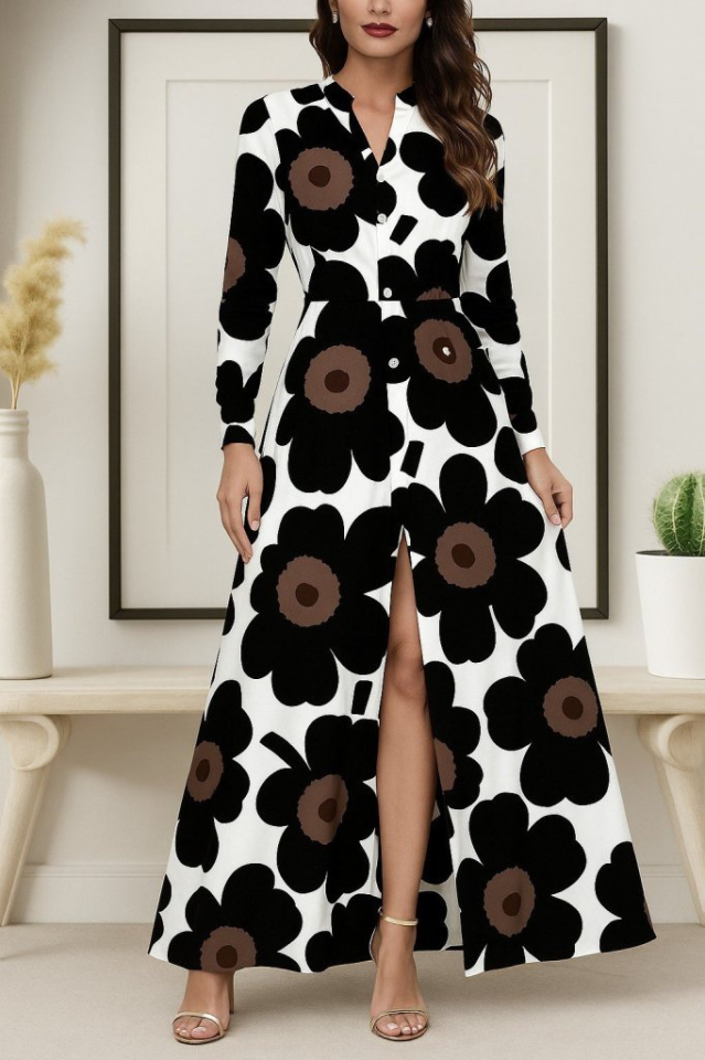 Kadın Yakalı önden Düğmeli çiçek Desenli Uzun Süprem Elbise - Görsel 6
