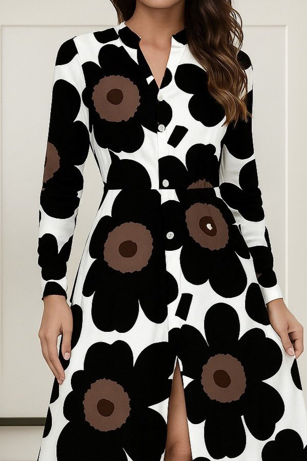 Kadın Yakalı önden Düğmeli çiçek Desenli Uzun Süprem Elbise - Görsel 7