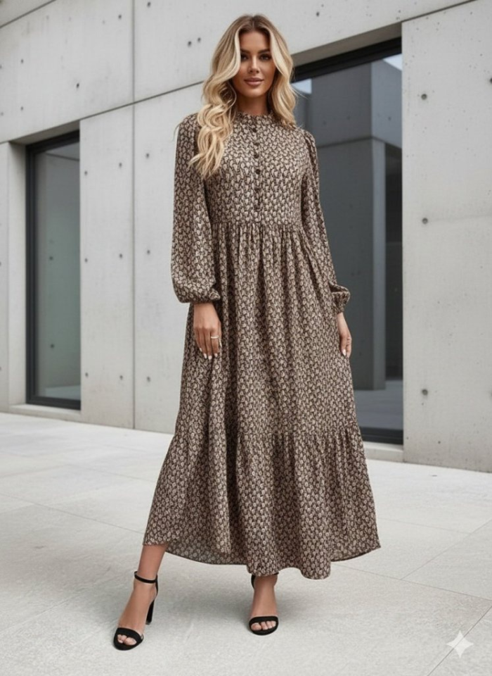 Kadın Uzun Kollu Hakim Yakalı Düğmeli Kemersiz Desenli Maxi Süprem Elbise - Görsel 7