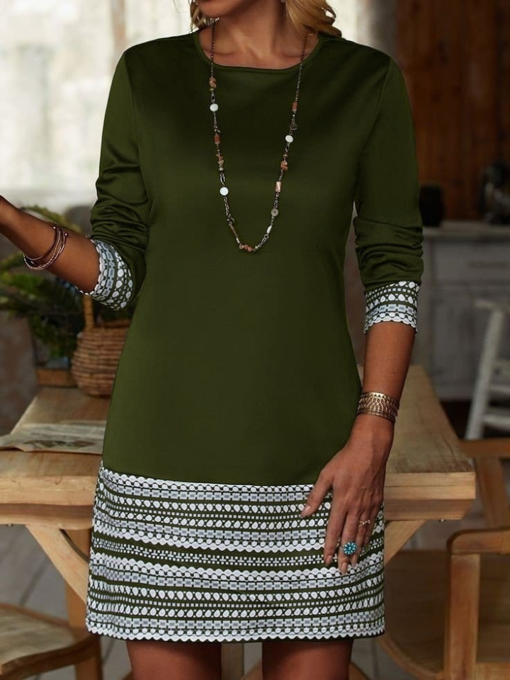 Kadın Uzun Kollu Bisiklet Yaka Kol Ağzı Ve Etek Ucu Baskılı Iki Iplik Elbise - Görsel 7