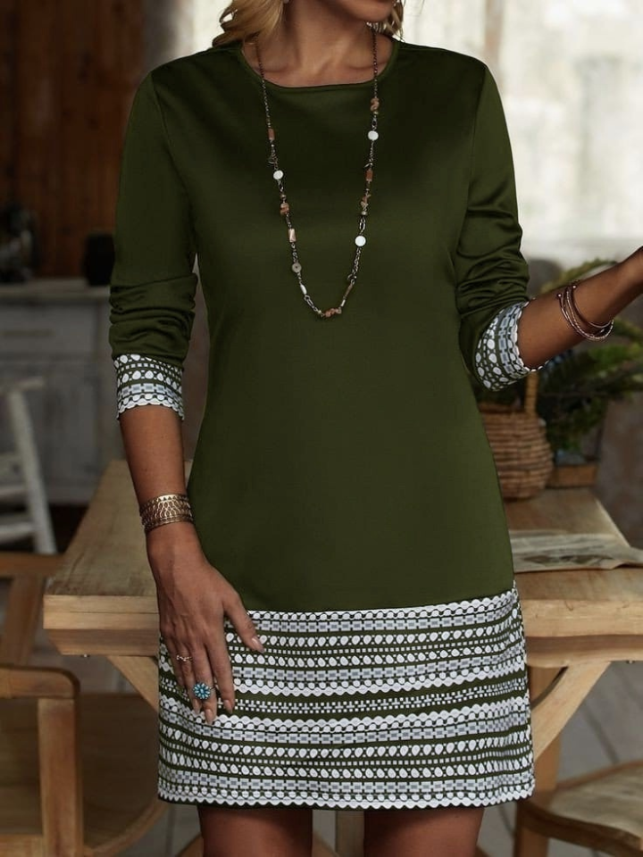 Kadın Uzun Kollu Bisiklet Yaka Kol Ağzı Ve Etek Ucu Baskılı Iki Iplik Elbise - Görsel 8