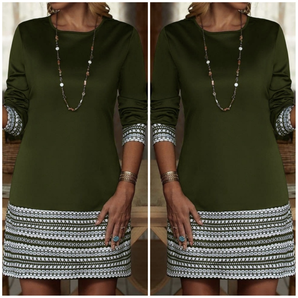 Kadın Uzun Kollu Bisiklet Yaka Kol Ağzı Ve Etek Ucu Baskılı Iki Iplik Elbise - Görsel 9