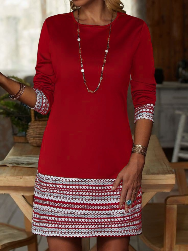 Kadın Uzun Kollu Bisiklet Yaka Kol Ağzı Ve Etek Ucu Baskılı Iki Iplik Elbise - Görsel 2