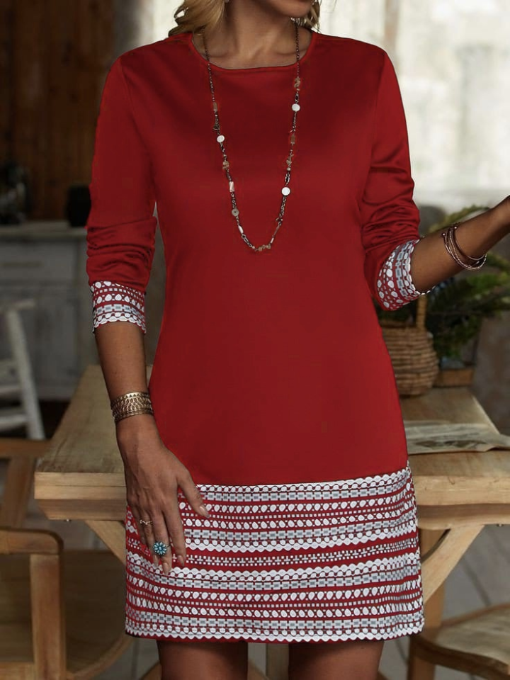 Kadın Uzun Kollu Bisiklet Yaka Kol Ağzı Ve Etek Ucu Baskılı Iki Iplik Elbise - Görsel 3