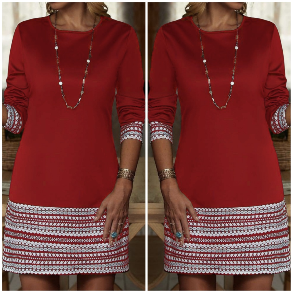 Kadın Uzun Kollu Bisiklet Yaka Kol Ağzı Ve Etek Ucu Baskılı Iki Iplik Elbise - Görsel 4