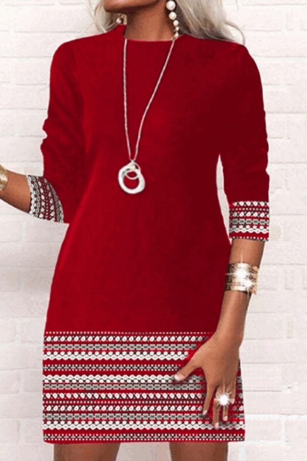 Kadın Uzun Kollu Bisiklet Yaka Kol Ağzı Ve Etek Ucu Baskılı Iki Iplik Elbise