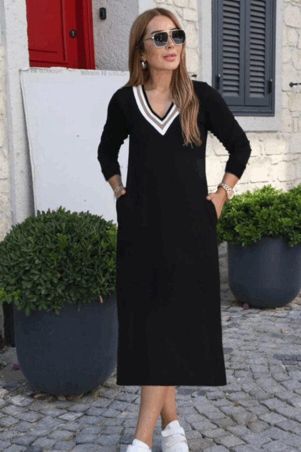 Kadın Uzun Kollu V şerit Yakalı Viskon Iki Iplik Elbise